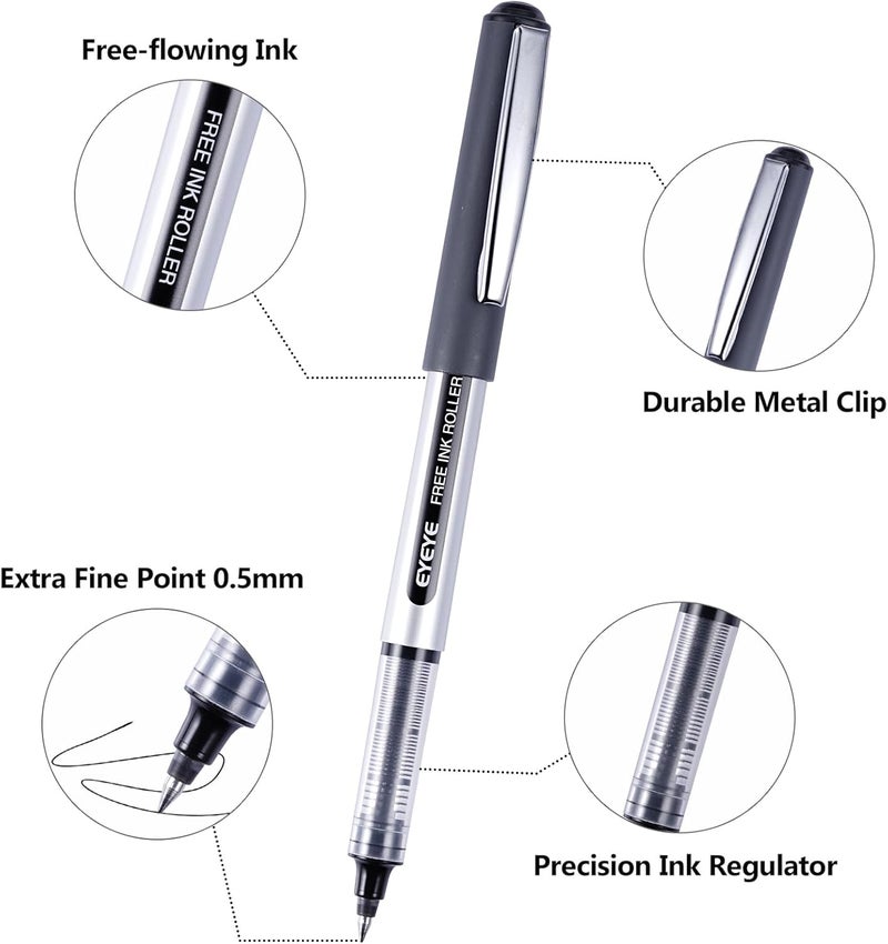 EYEYE Rollerball Pens 0.5mm Black 50 Pack, Extra Fine Point Quick Dry Liquid Ink Roller Ball Pens Fine Point Smooth Writing Pen for Journaling, Note Taking, Office, School Supplies - Image 4